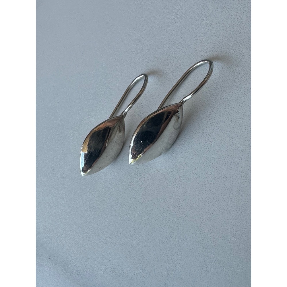 Minimalist Sterling Silver Sculptural Pod Leaf Drop Earrings Shepherd Hook